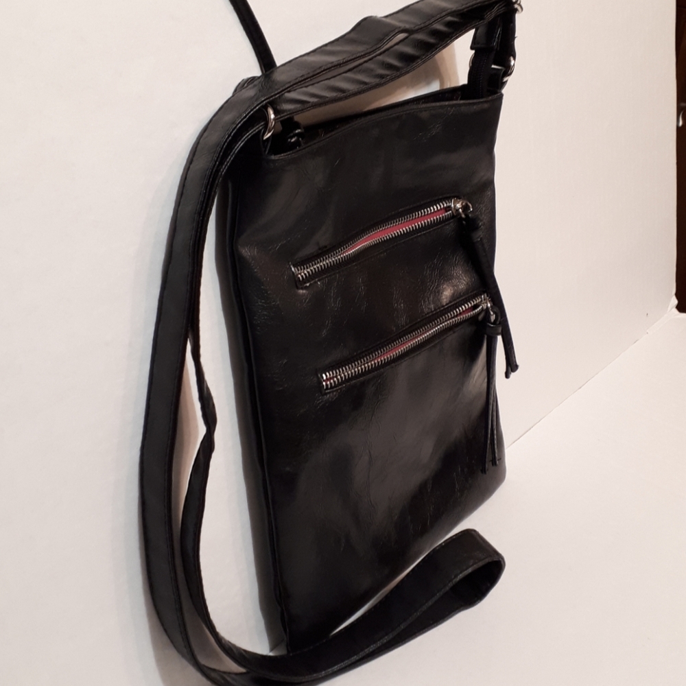 Black faux leather crossbody bag